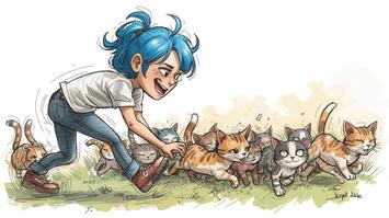 blue haired frantic looking woman chasing down a chaotic herd of cats. Caption reads some days parenting feels like herding cats.