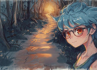 A sketched anime style illustration of a blue haired person in the foreground of a dark woodland backdrop with a path leading through the trees to a warm glow at the end of it. The person is facing the viewer with a small smile and an encouraging expression. 